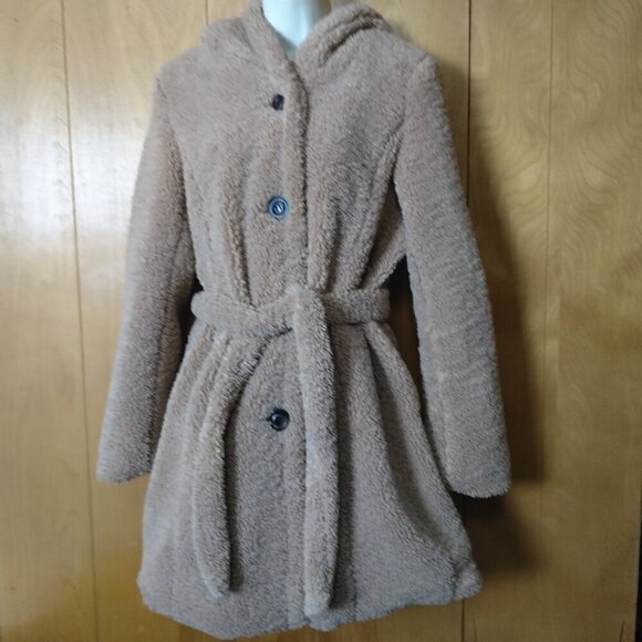 Women's Medium Dark Beige Hooded Belted Soft Mid Length Coat/Jacket READ - Picture 1 of 5